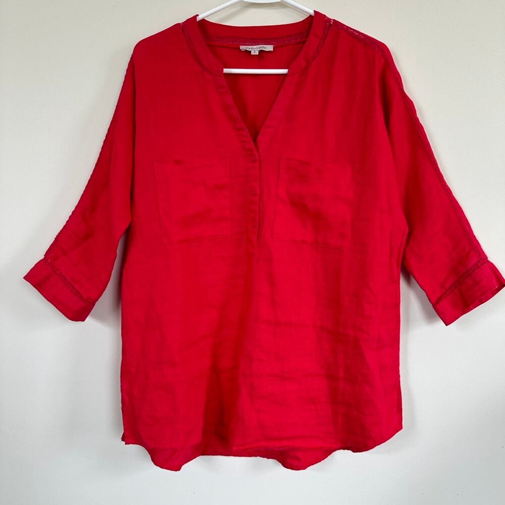 John Mark Red 100% Linen Henley Camp Shirt Crochet Lace 3/4 Sleeve V-Neck Small